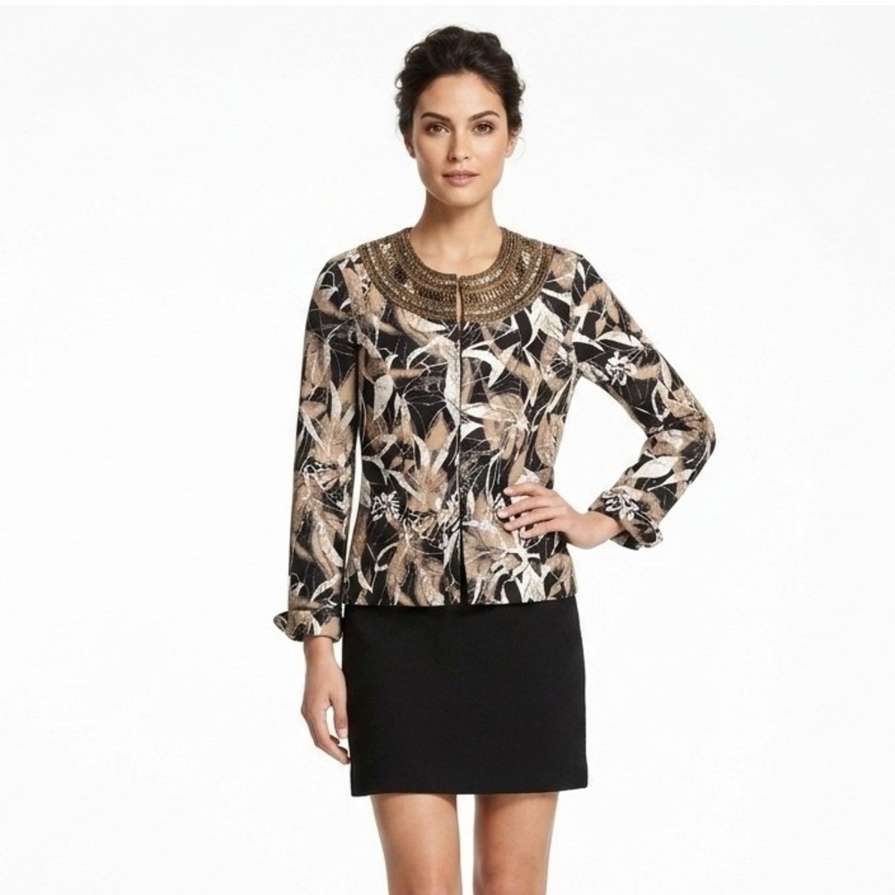 Chico's Beaded Neckline Jacket Women's 0 US Size Small Black Tan Blazer